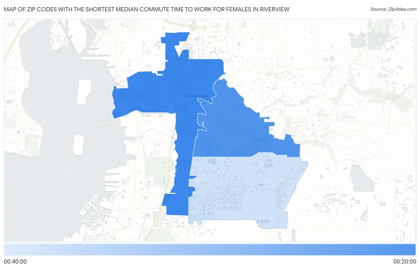 Zip Codes with the Shortest Median Commute Time to Work for Females in Riverview Map
