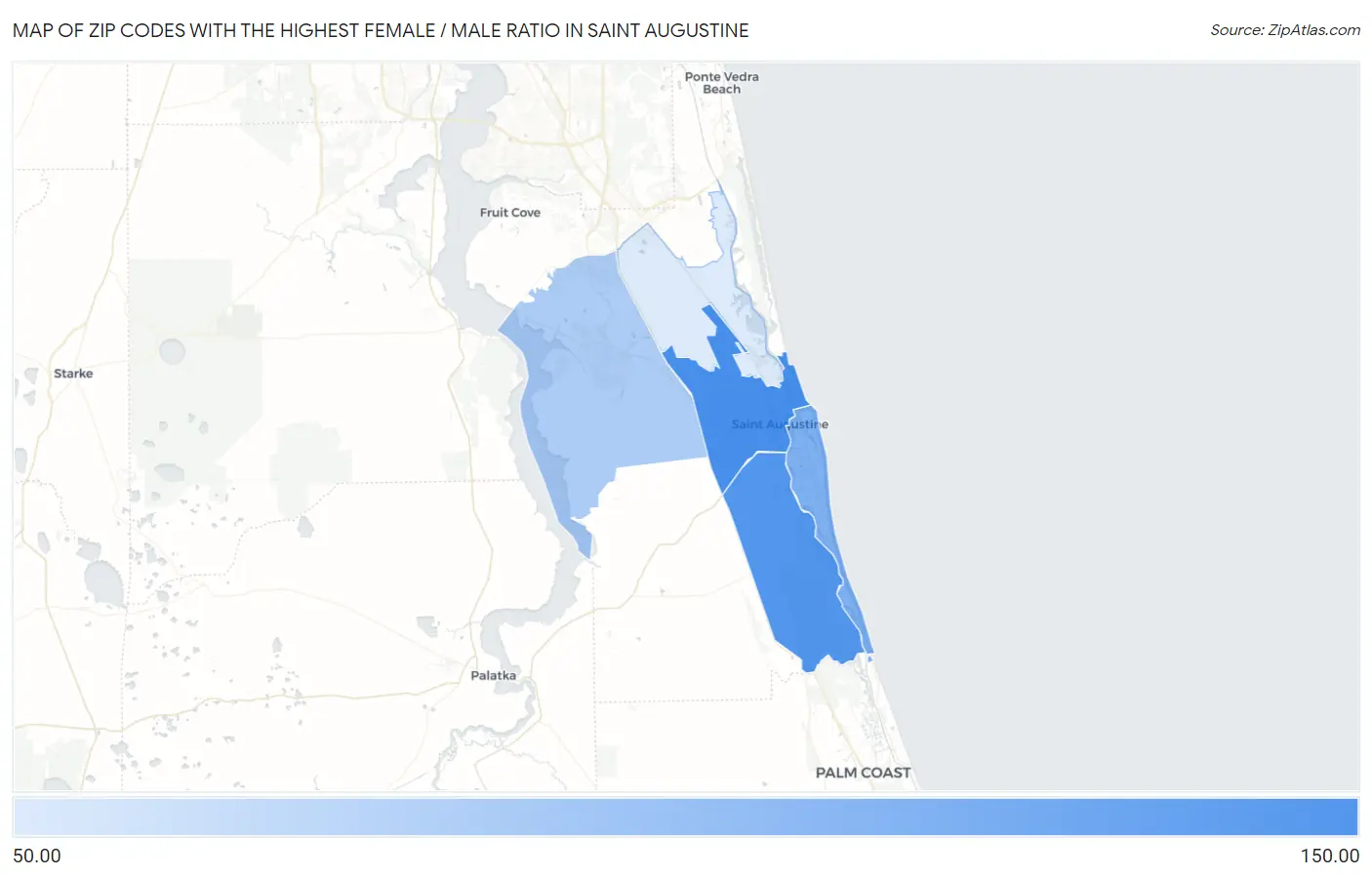 Zip Codes with the Highest Female / Male Ratio in Saint Augustine Map