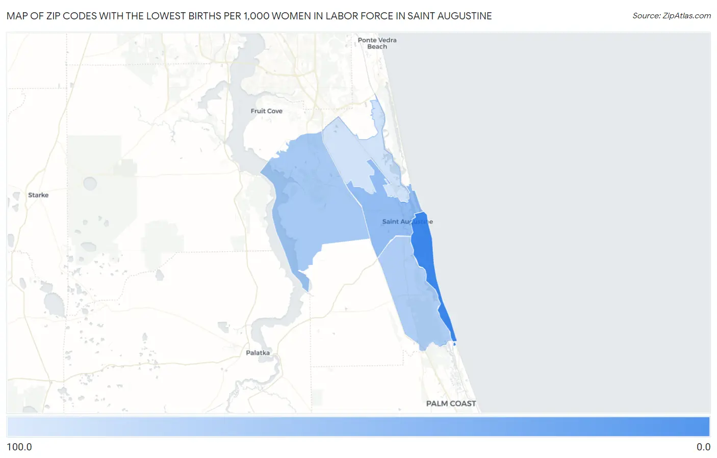 Zip Codes with the Lowest Births per 1,000 Women in Labor Force in Saint Augustine Map