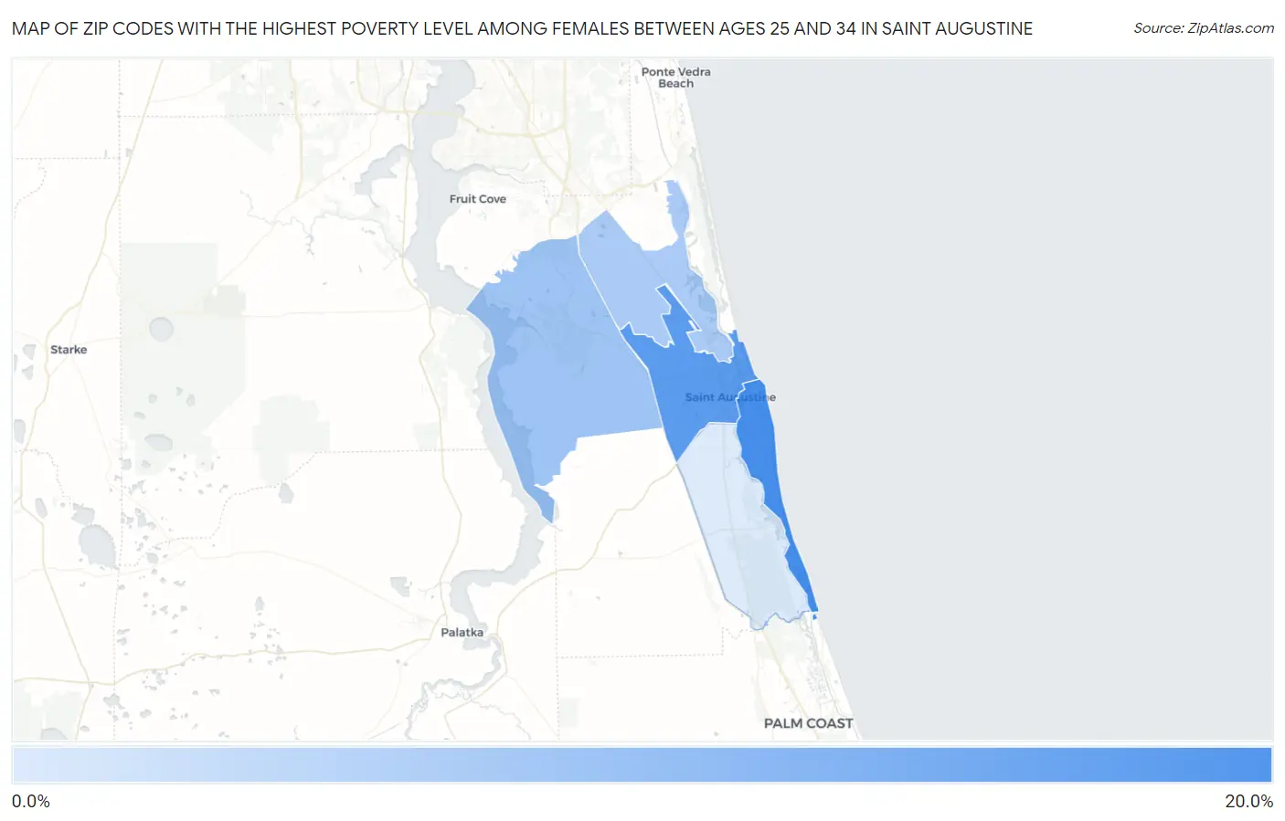 Zip Codes with the Highest Poverty Level Among Females Between Ages 25 and 34 in Saint Augustine Map