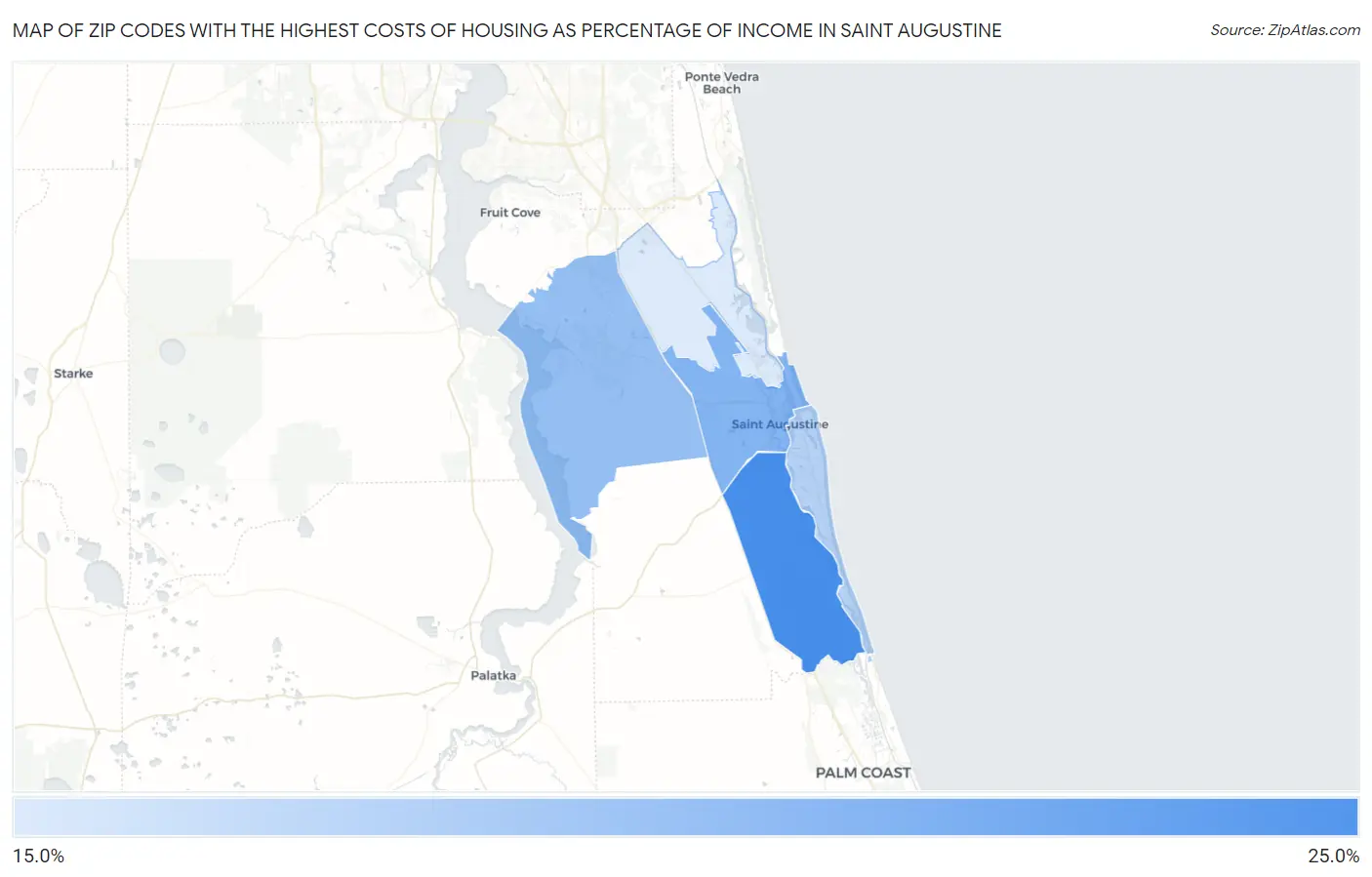 Zip Codes with the Highest Costs of Housing as Percentage of Income in Saint Augustine Map