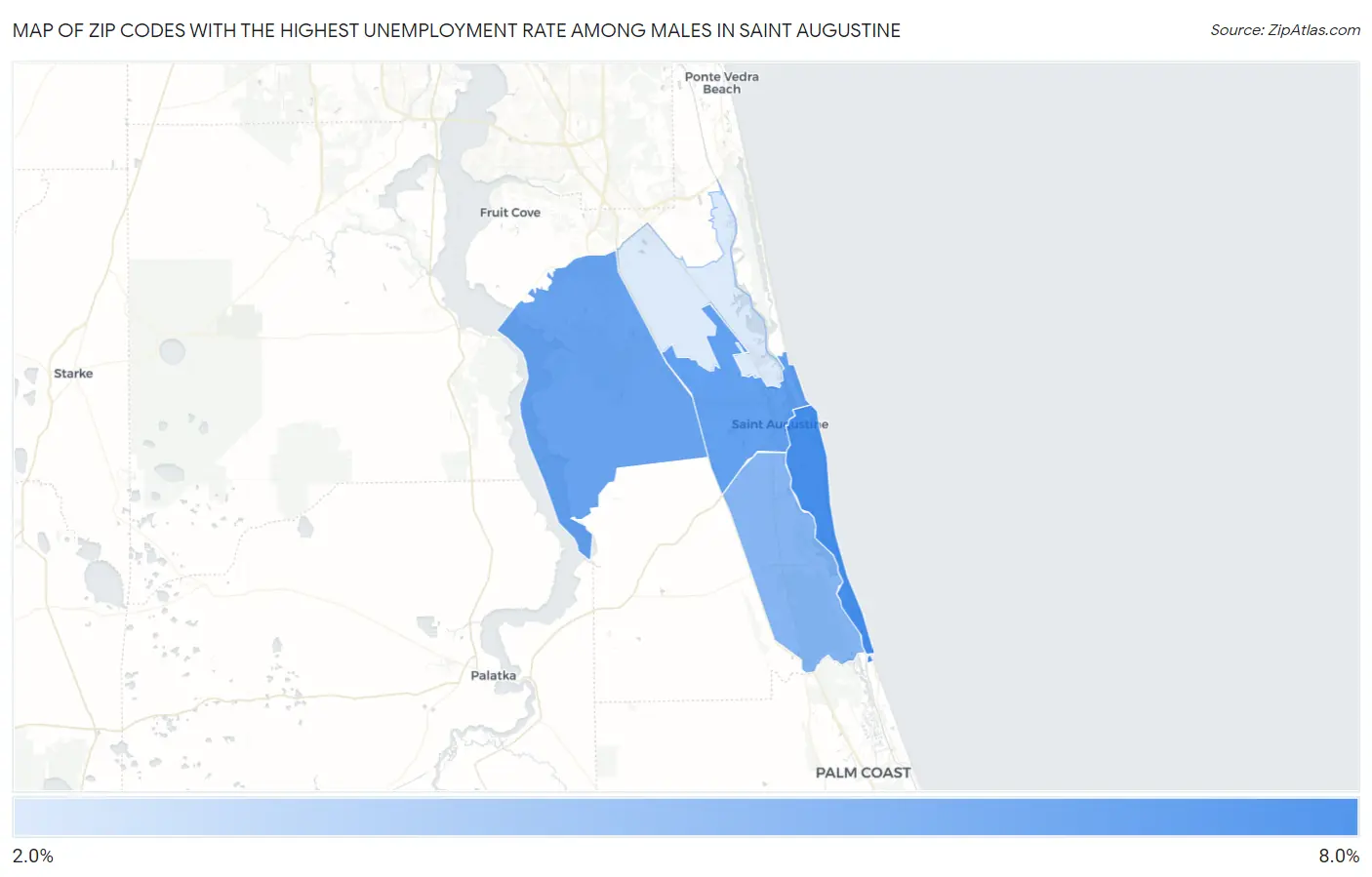 Zip Codes with the Highest Unemployment Rate Among Males in Saint Augustine Map