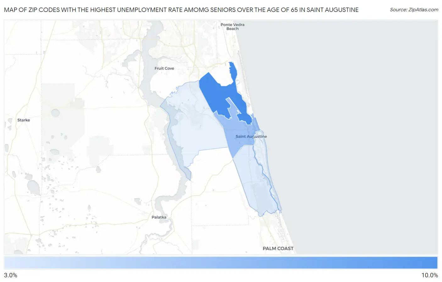 Zip Codes with the Highest Unemployment Rate Amomg Seniors Over the Age of 65 in Saint Augustine Map