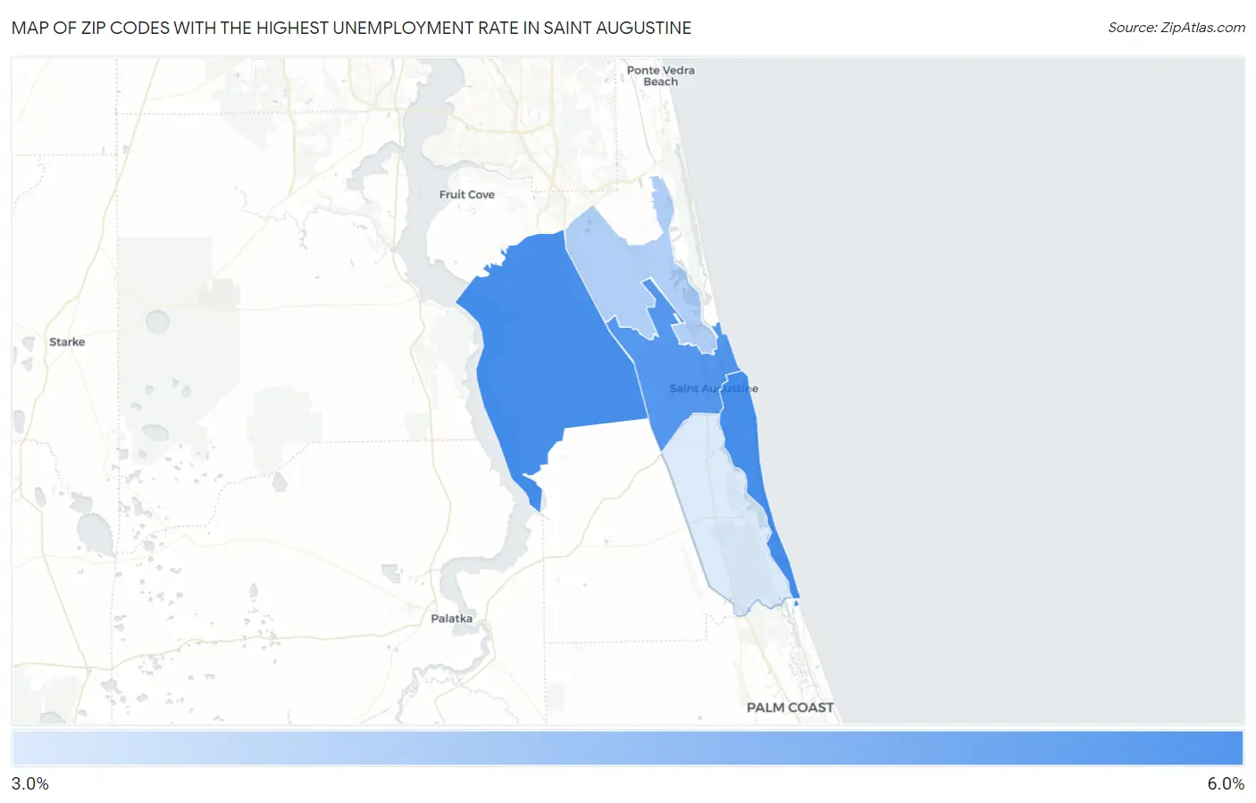 Zip Codes with the Highest Unemployment Rate in Saint Augustine Map