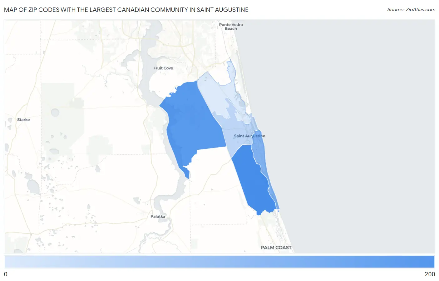 Zip Codes with the Largest Canadian Community in Saint Augustine Map