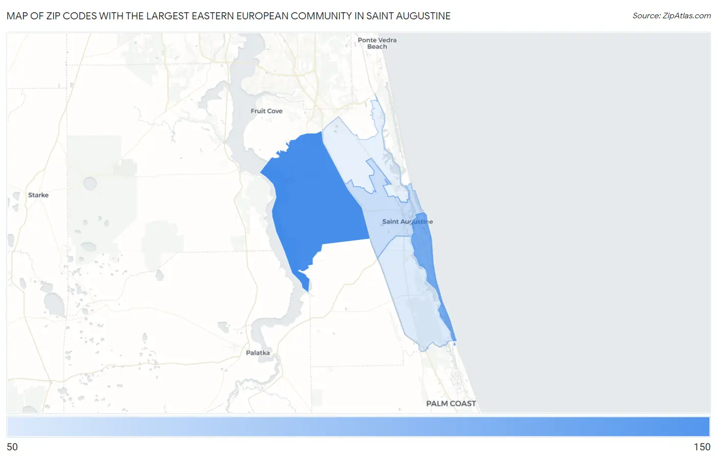 Zip Codes with the Largest Eastern European Community in Saint Augustine Map