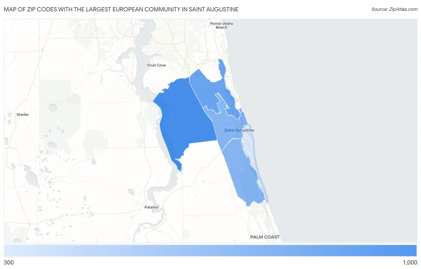 Zip Codes with the Largest European Community in Saint Augustine Map