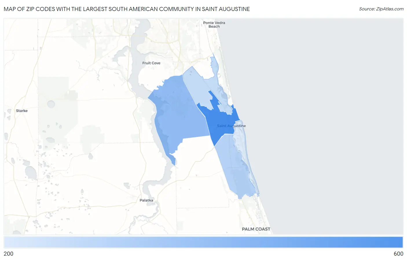 Zip Codes with the Largest South American Community in Saint Augustine Map