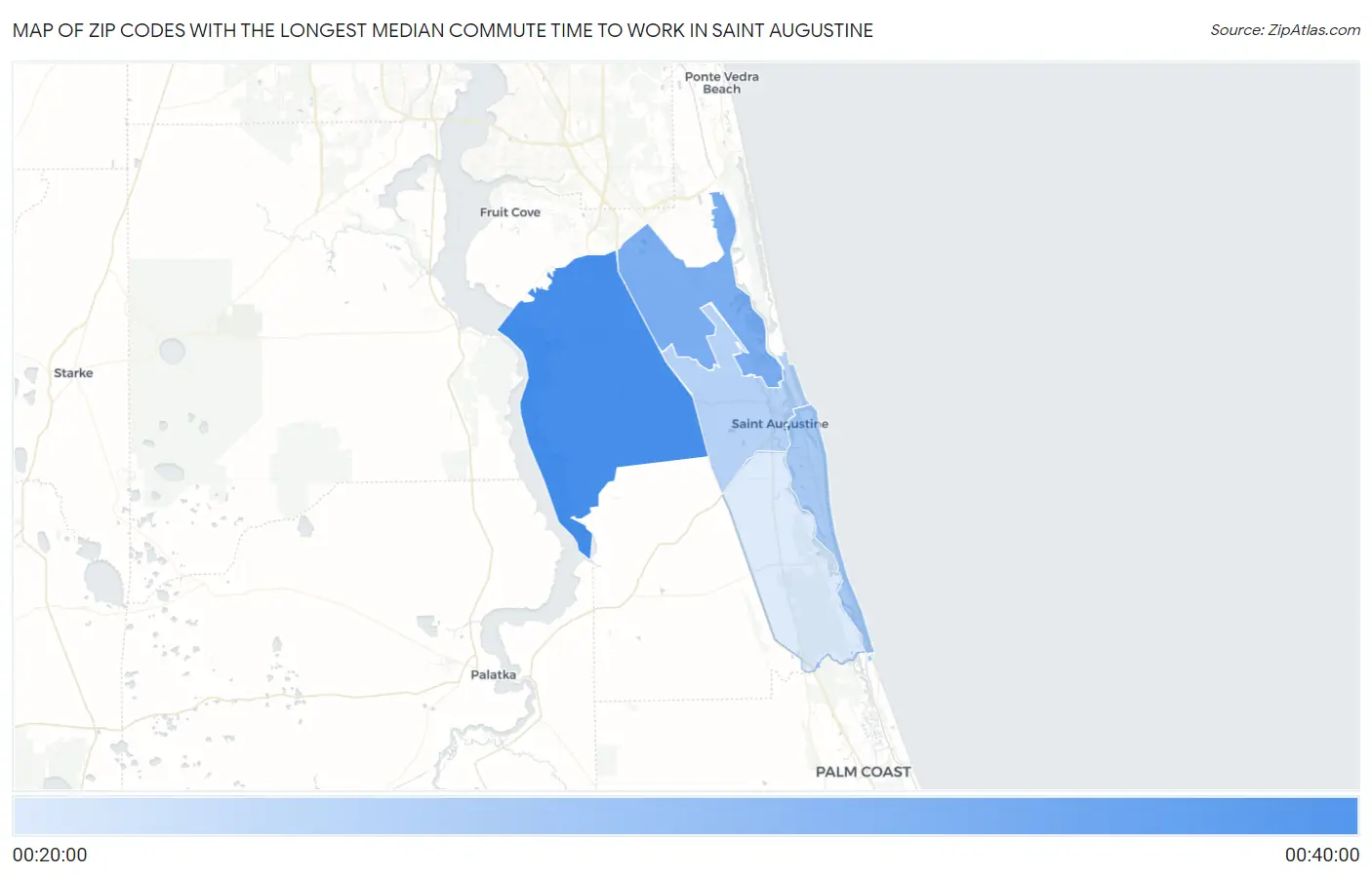 Zip Codes with the Longest Median Commute Time to Work in Saint Augustine Map