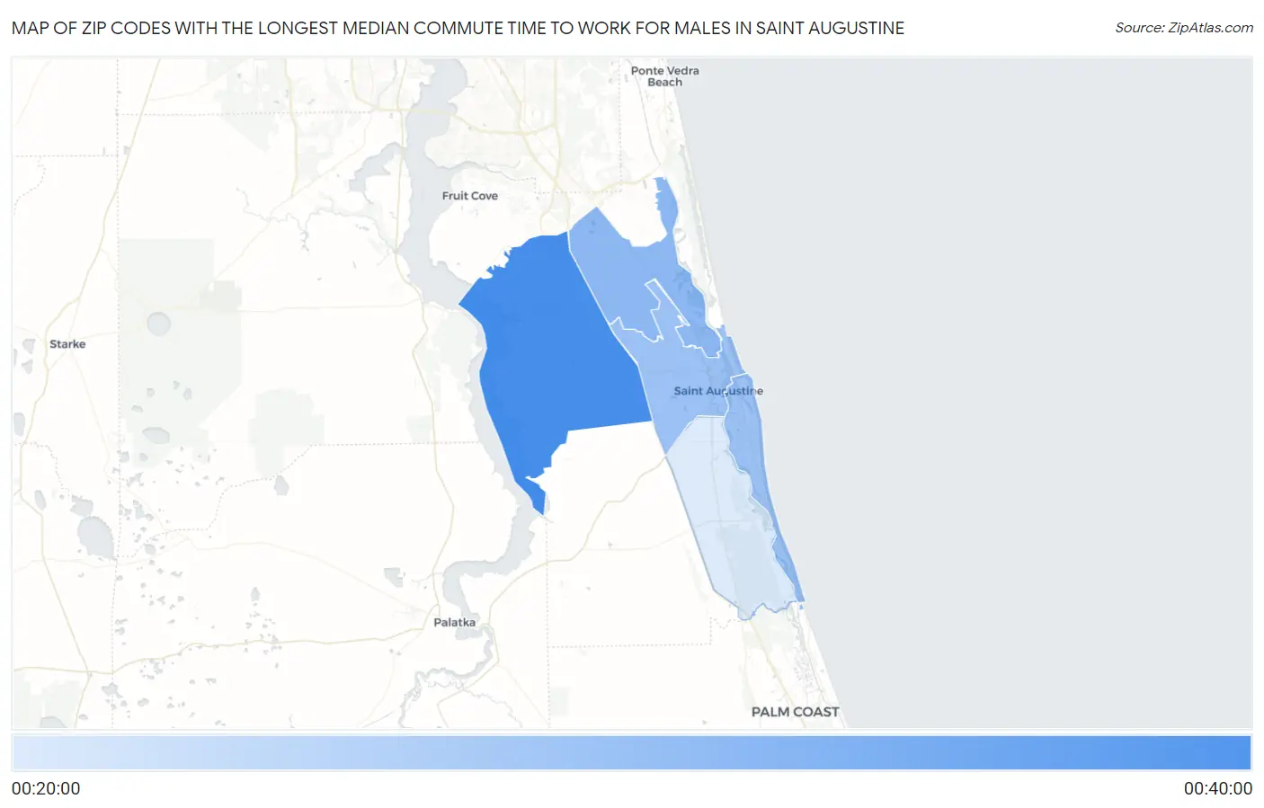 Zip Codes with the Longest Median Commute Time to Work for Males in Saint Augustine Map