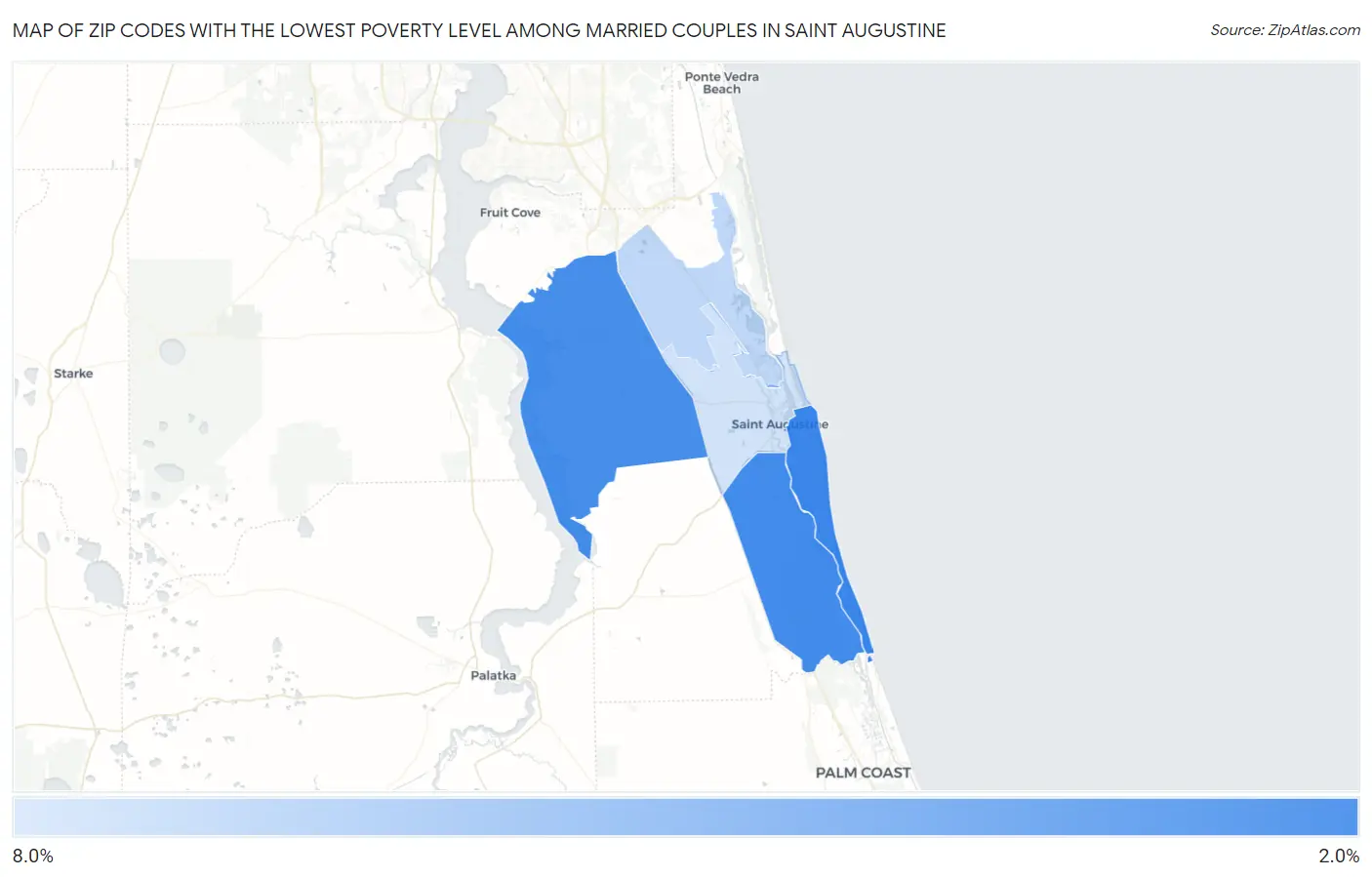 Zip Codes with the Lowest Poverty Level Among Married Couples in Saint Augustine Map