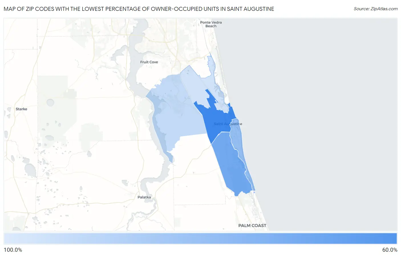 Zip Codes with the Lowest Percentage of Owner-Occupied Units in Saint Augustine Map