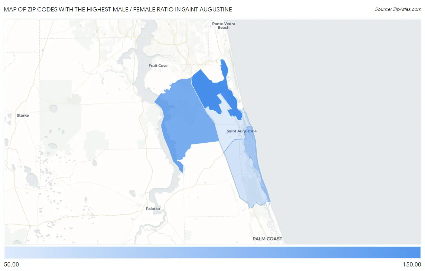 Zip Codes with the Highest Male / Female Ratio in Saint Augustine Map