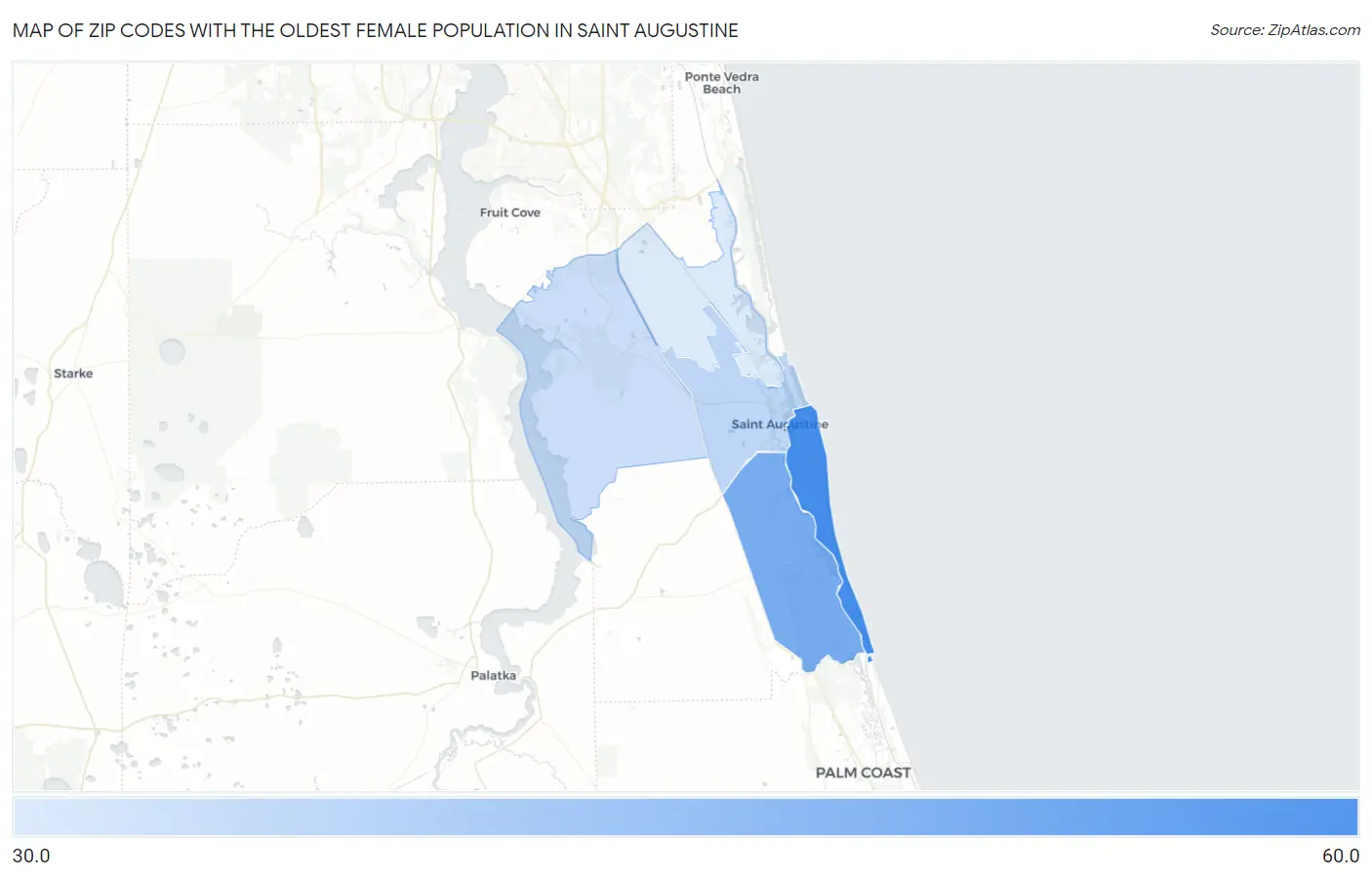 Zip Codes with the Oldest Female Population in Saint Augustine Map