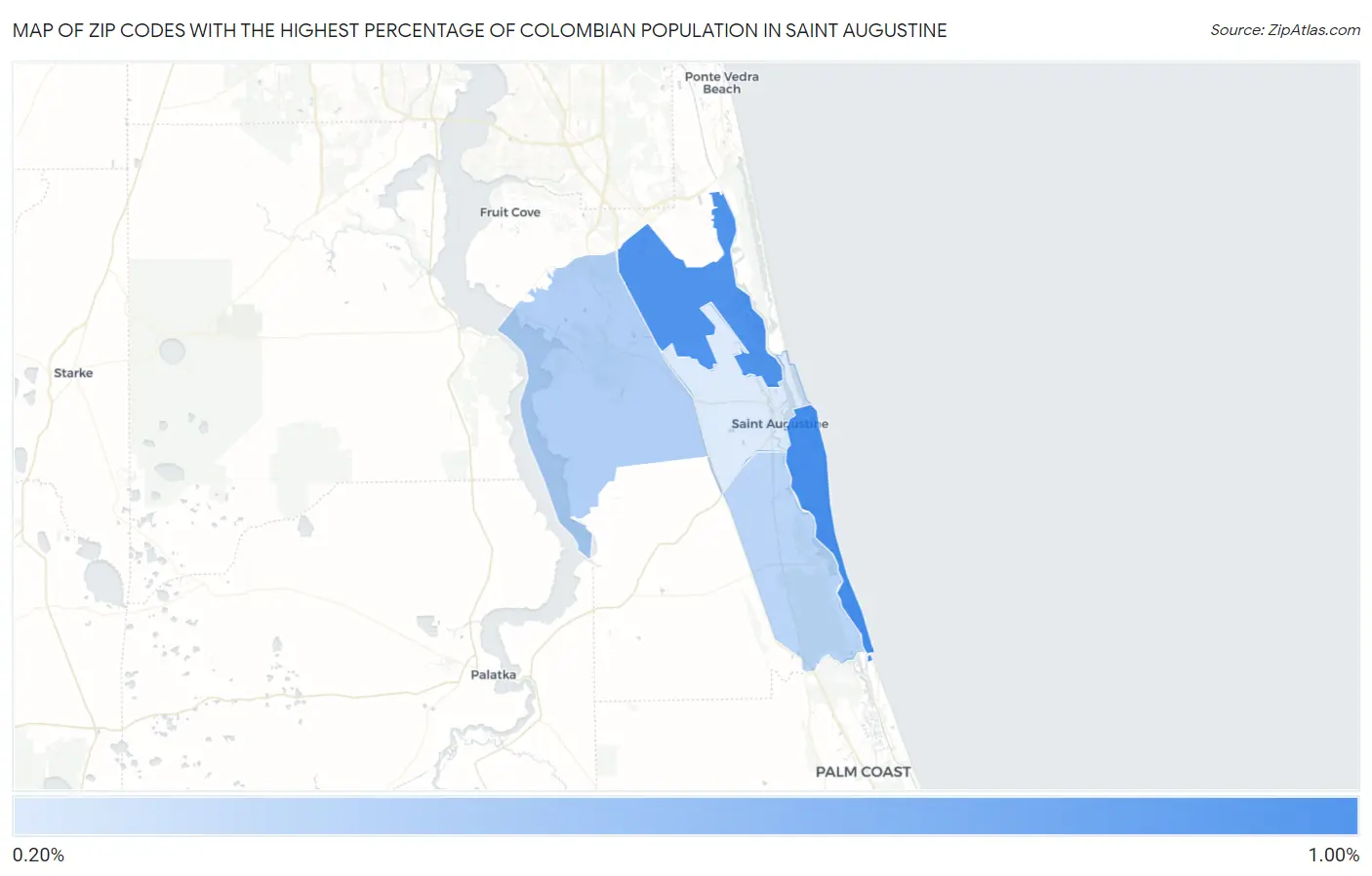 Zip Codes with the Highest Percentage of Colombian Population in Saint Augustine Map