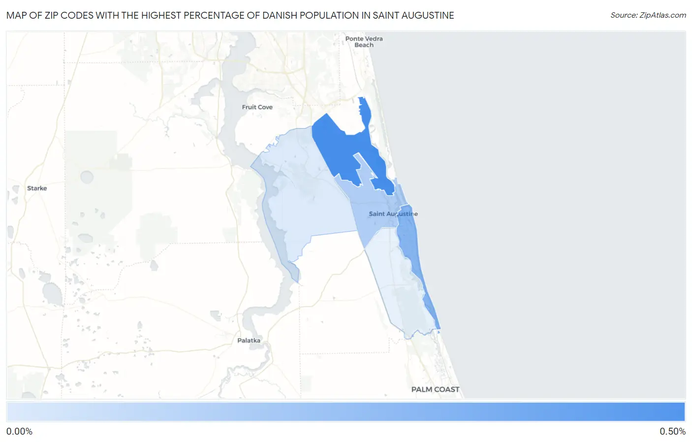Zip Codes with the Highest Percentage of Danish Population in Saint Augustine Map