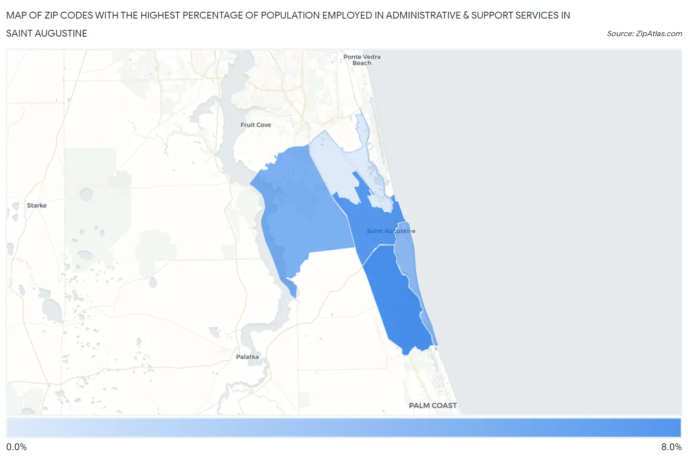 Zip Codes with the Highest Percentage of Population Employed in Administrative & Support Services in Saint Augustine Map