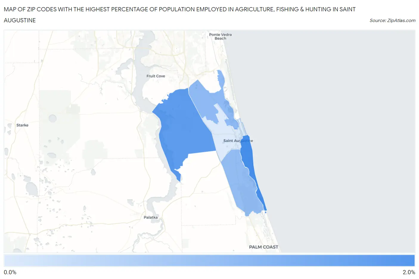 Zip Codes with the Highest Percentage of Population Employed in Agriculture, Fishing & Hunting in Saint Augustine Map