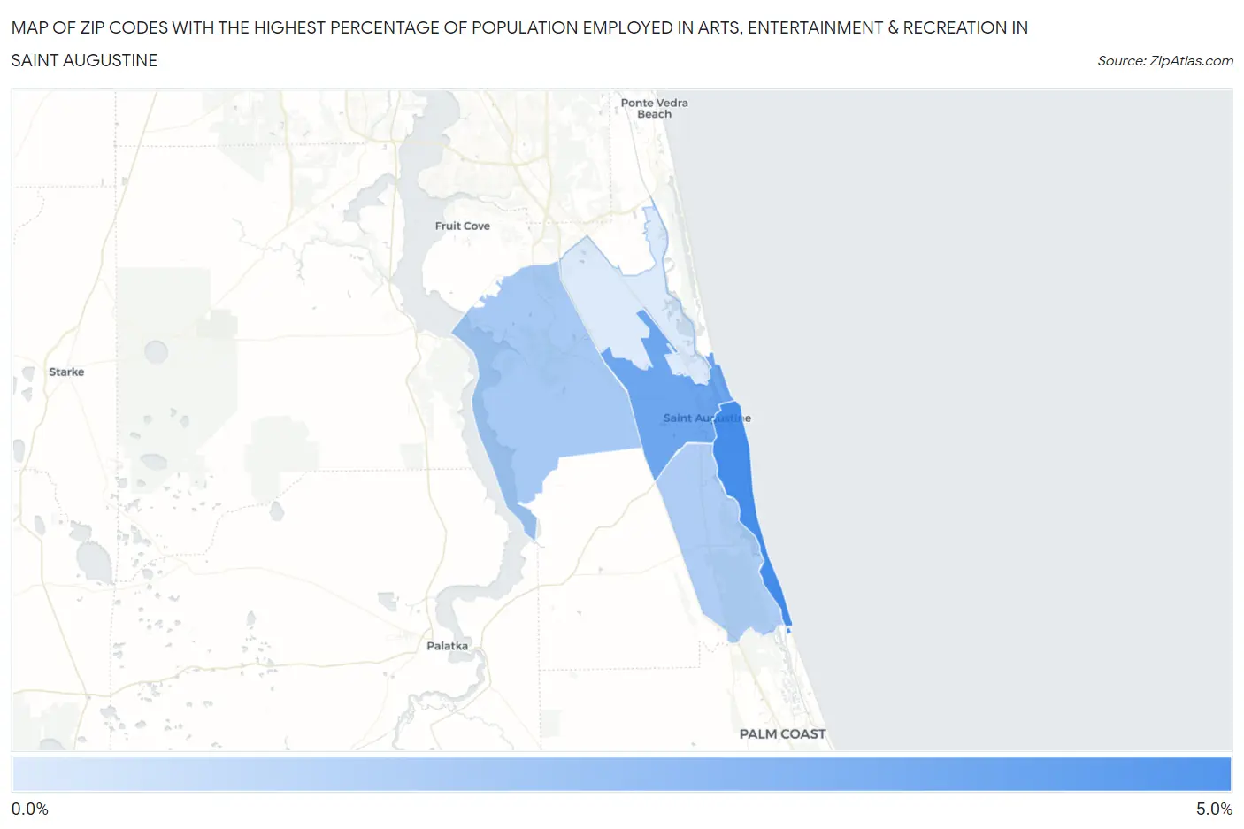 Zip Codes with the Highest Percentage of Population Employed in Arts, Entertainment & Recreation in Saint Augustine Map