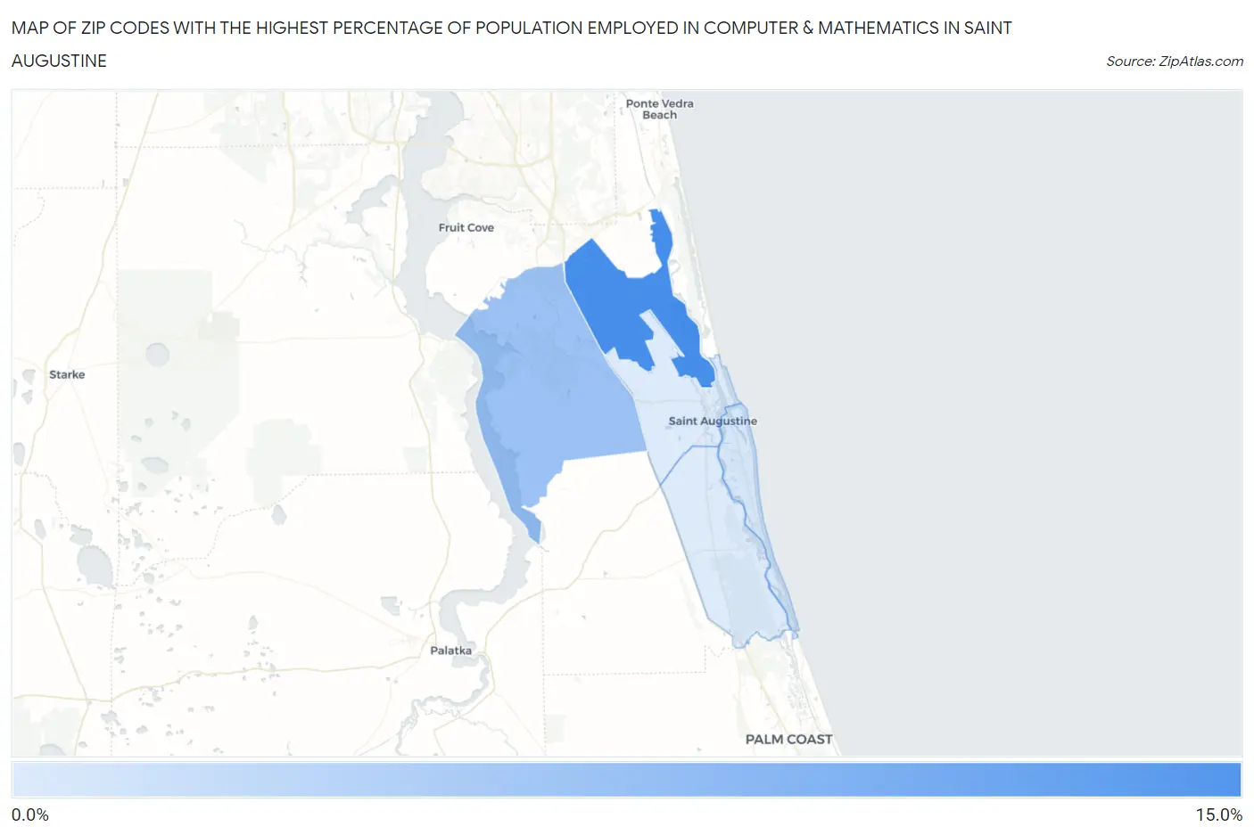 Zip Codes with the Highest Percentage of Population Employed in Computer & Mathematics in Saint Augustine Map