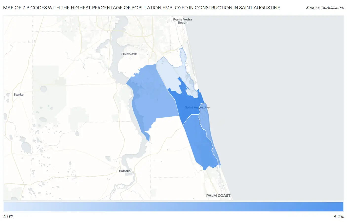 Zip Codes with the Highest Percentage of Population Employed in Construction in Saint Augustine Map