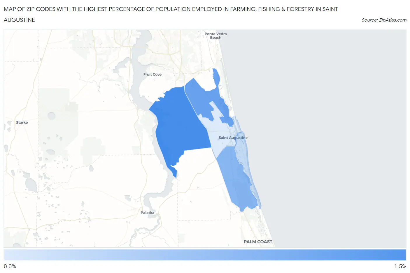 Zip Codes with the Highest Percentage of Population Employed in Farming, Fishing & Forestry in Saint Augustine Map
