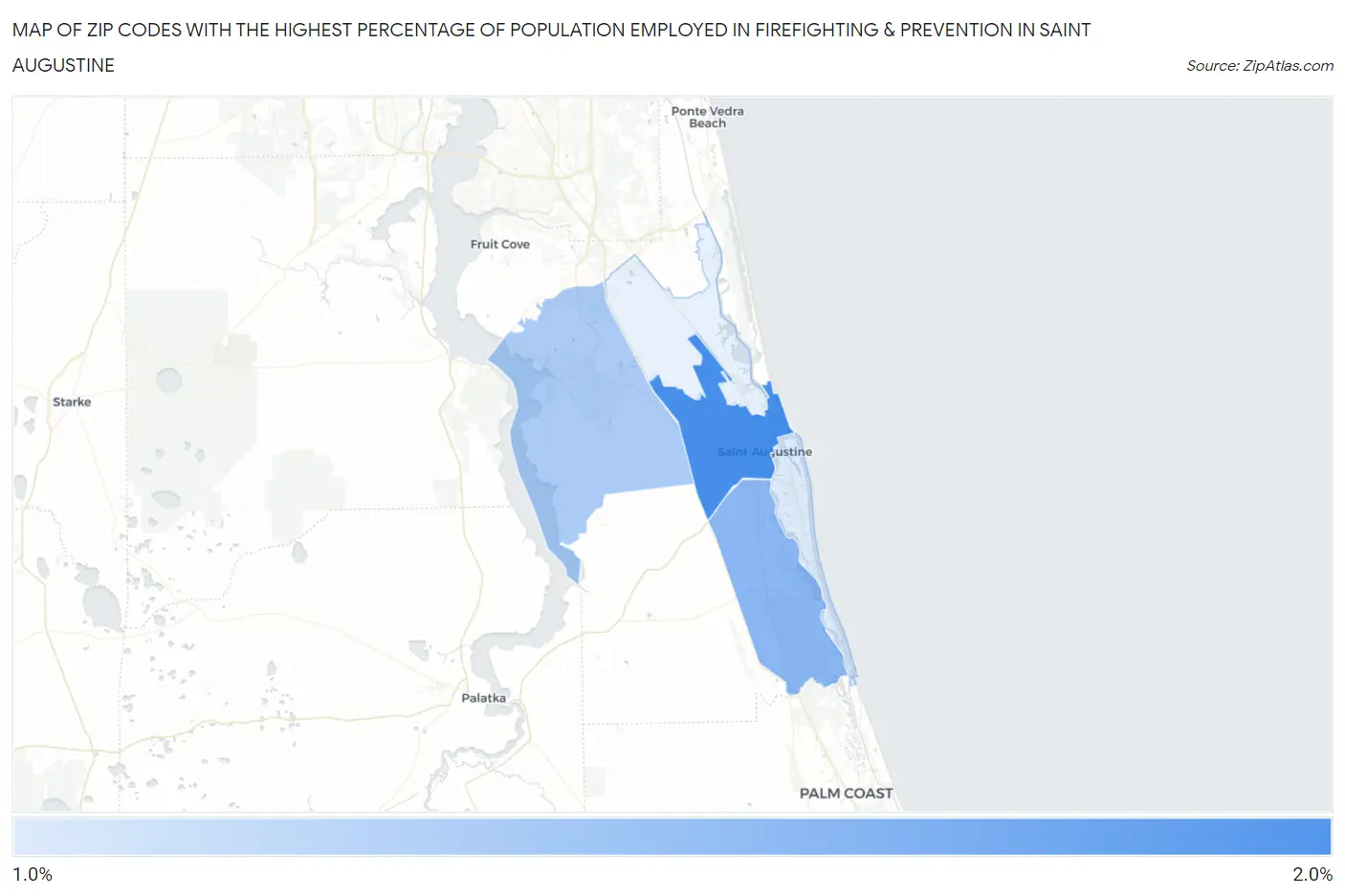 Zip Codes with the Highest Percentage of Population Employed in Firefighting & Prevention in Saint Augustine Map
