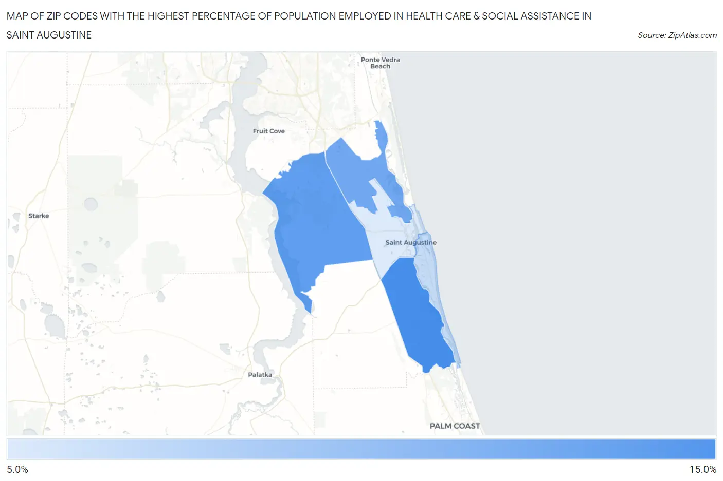 Zip Codes with the Highest Percentage of Population Employed in Health Care & Social Assistance in Saint Augustine Map