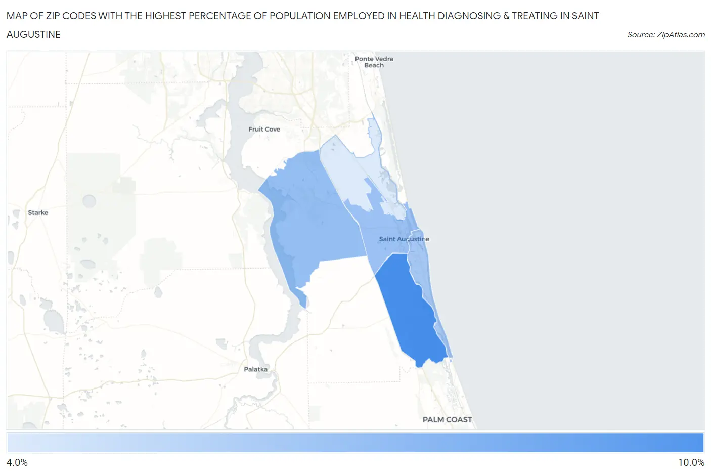 Zip Codes with the Highest Percentage of Population Employed in Health Diagnosing & Treating in Saint Augustine Map