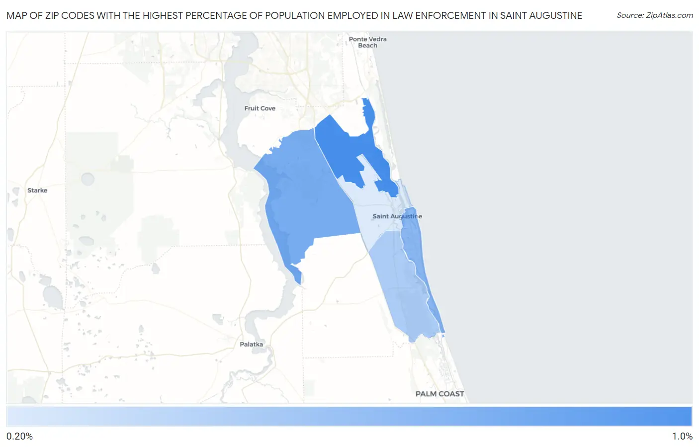 Zip Codes with the Highest Percentage of Population Employed in Law Enforcement in Saint Augustine Map