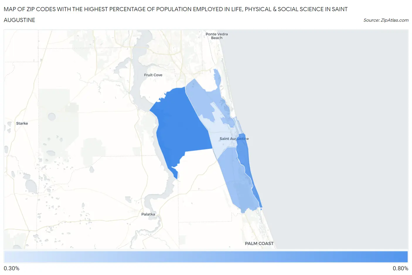 Zip Codes with the Highest Percentage of Population Employed in Life, Physical & Social Science in Saint Augustine Map