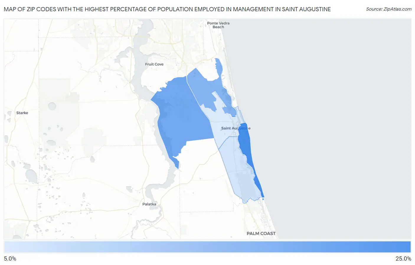 Zip Codes with the Highest Percentage of Population Employed in Management in Saint Augustine Map