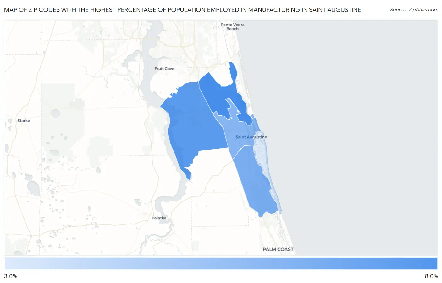 Zip Codes with the Highest Percentage of Population Employed in Manufacturing in Saint Augustine Map