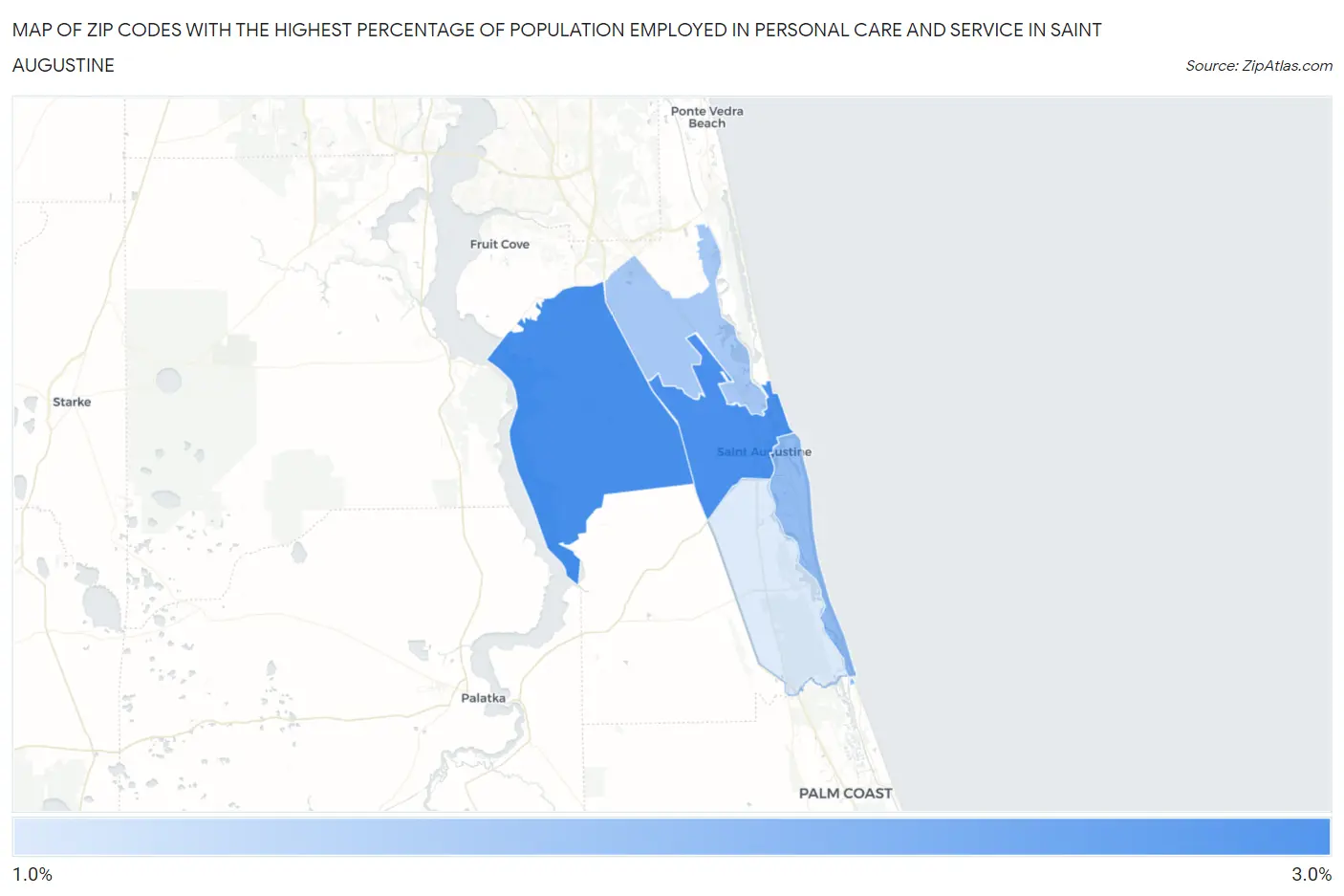 Zip Codes with the Highest Percentage of Population Employed in Personal Care and Service in Saint Augustine Map