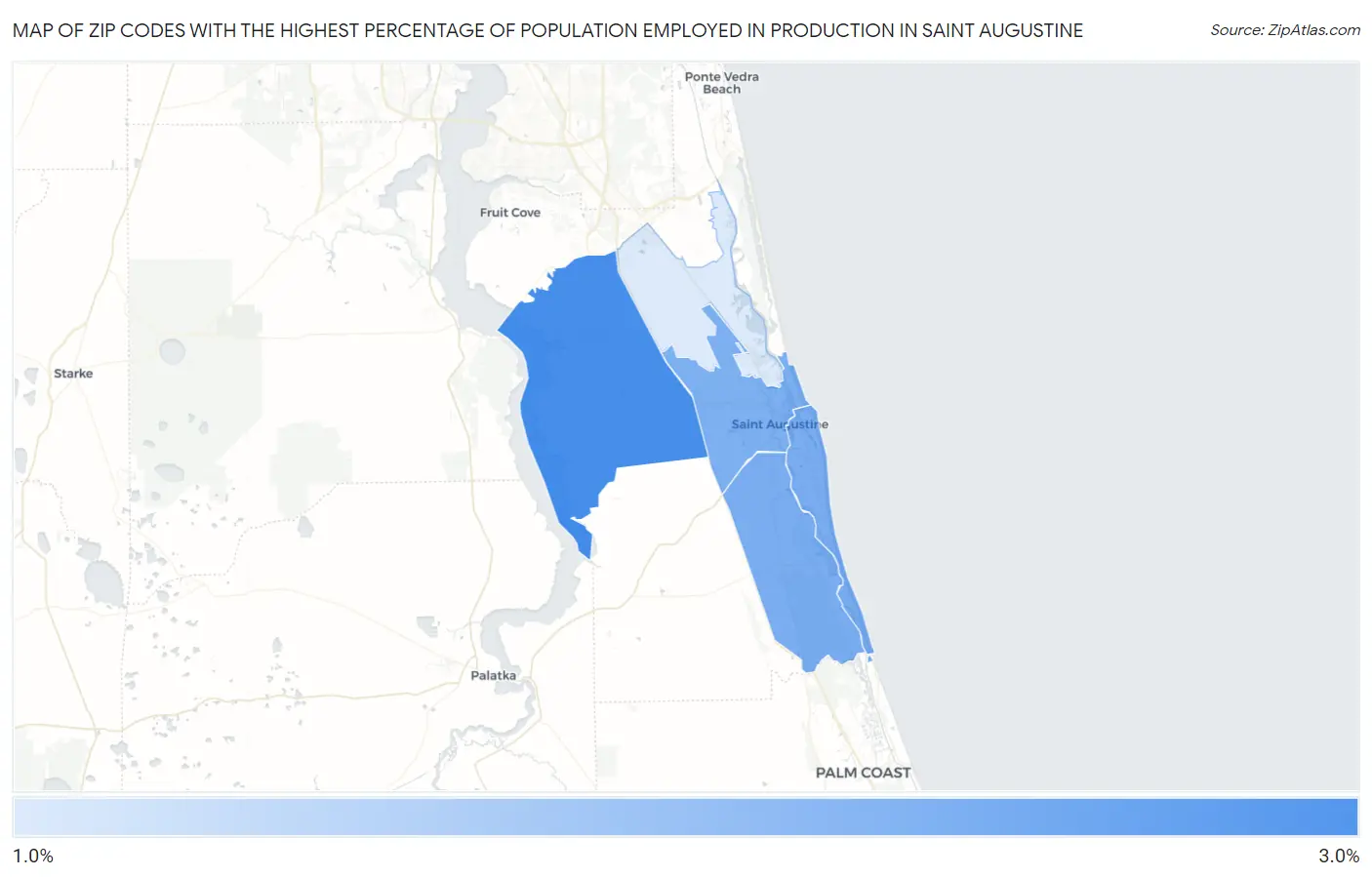 Zip Codes with the Highest Percentage of Population Employed in Production in Saint Augustine Map