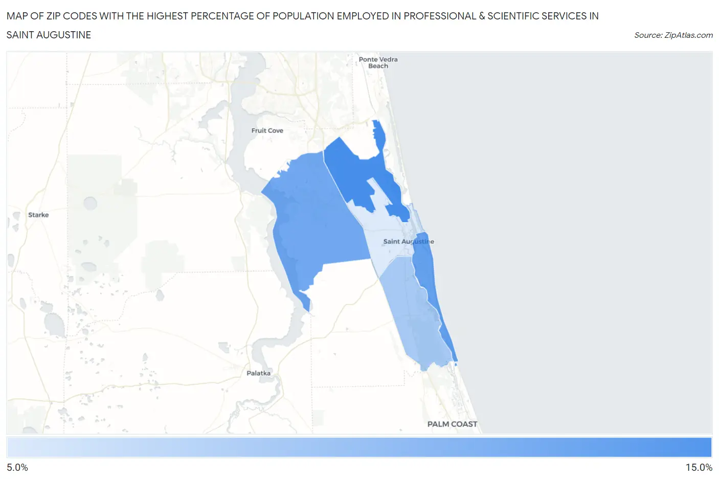 Zip Codes with the Highest Percentage of Population Employed in Professional & Scientific Services in Saint Augustine Map