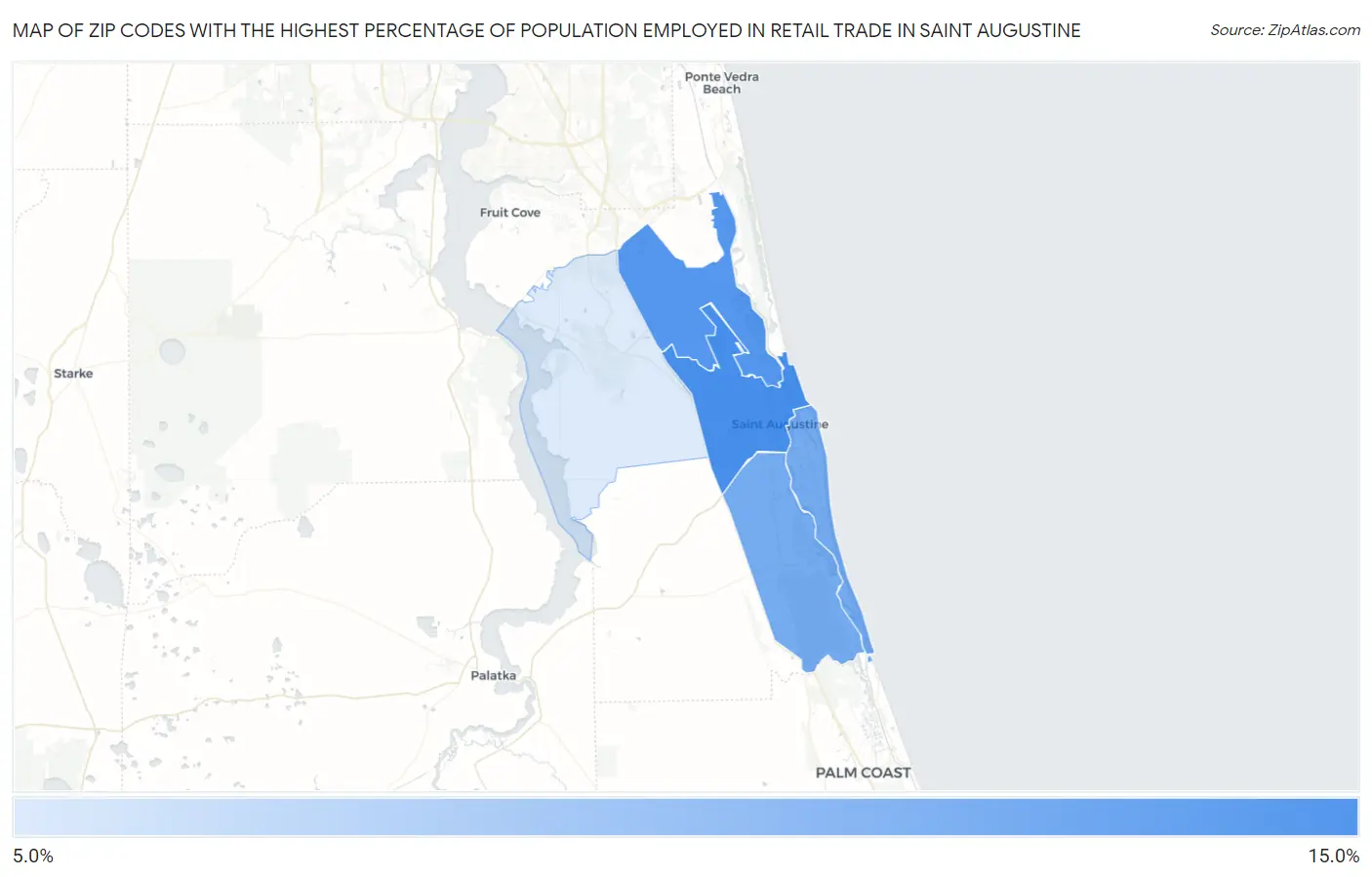 Zip Codes with the Highest Percentage of Population Employed in Retail Trade in Saint Augustine Map