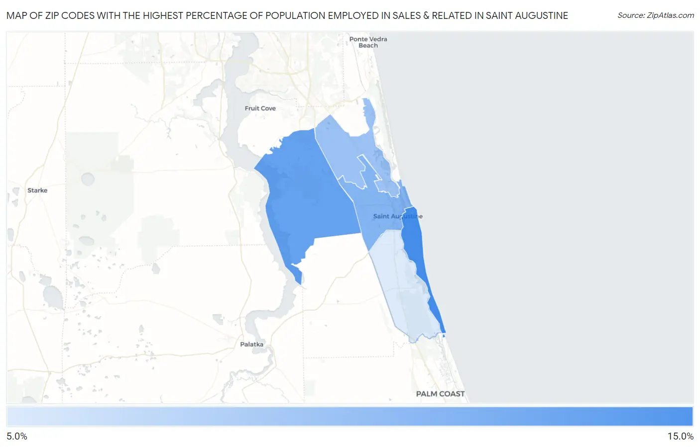 Zip Codes with the Highest Percentage of Population Employed in Sales & Related in Saint Augustine Map
