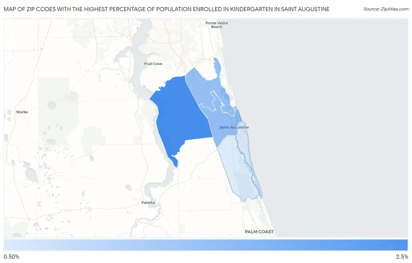 Zip Codes with the Highest Percentage of Population Enrolled in Kindergarten in Saint Augustine Map