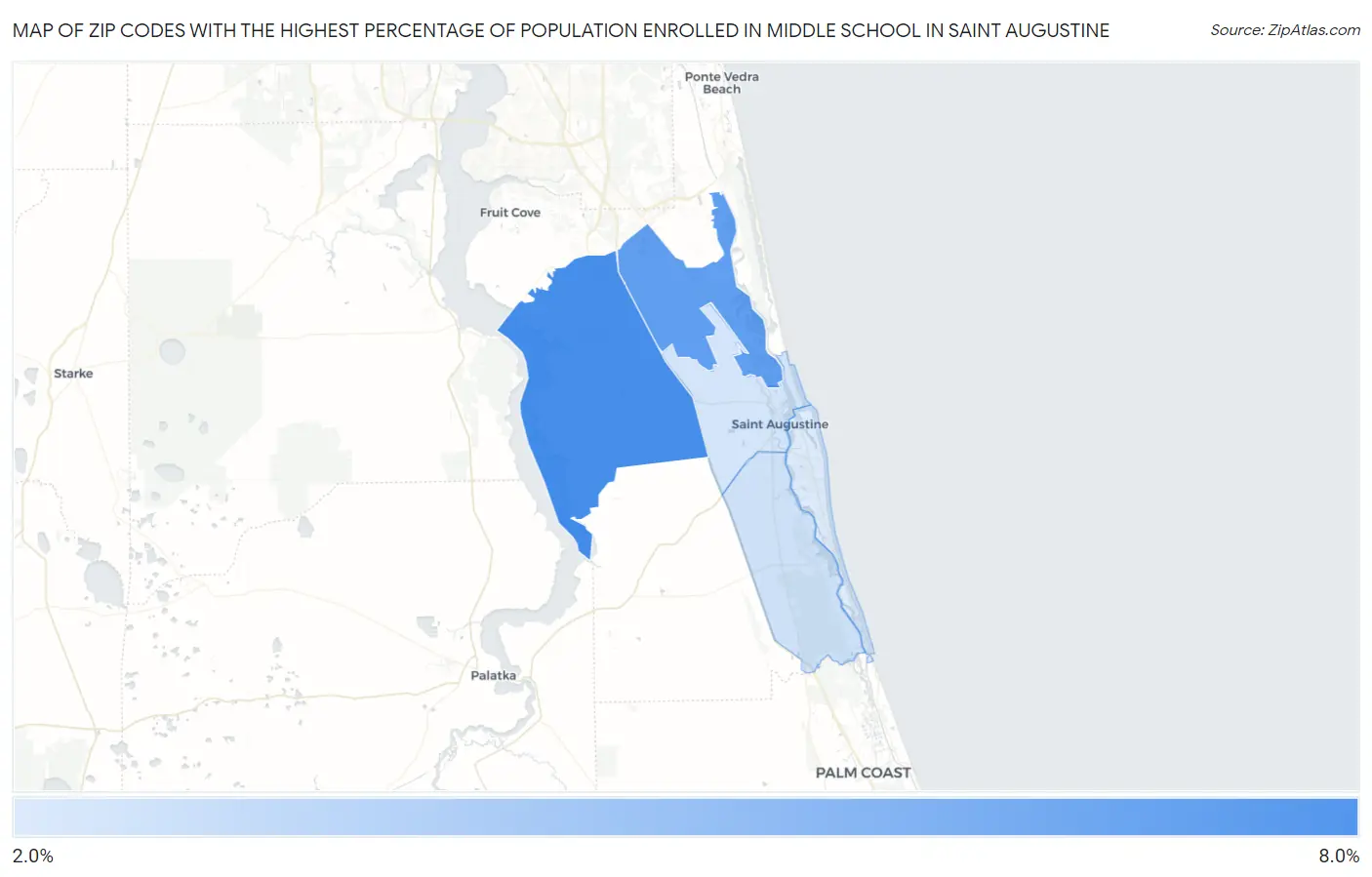 Zip Codes with the Highest Percentage of Population Enrolled in Middle School in Saint Augustine Map