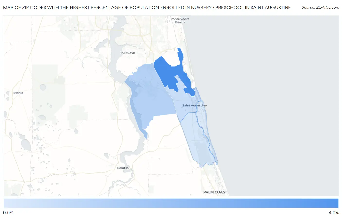 Zip Codes with the Highest Percentage of Population Enrolled in Nursery / Preschool in Saint Augustine Map