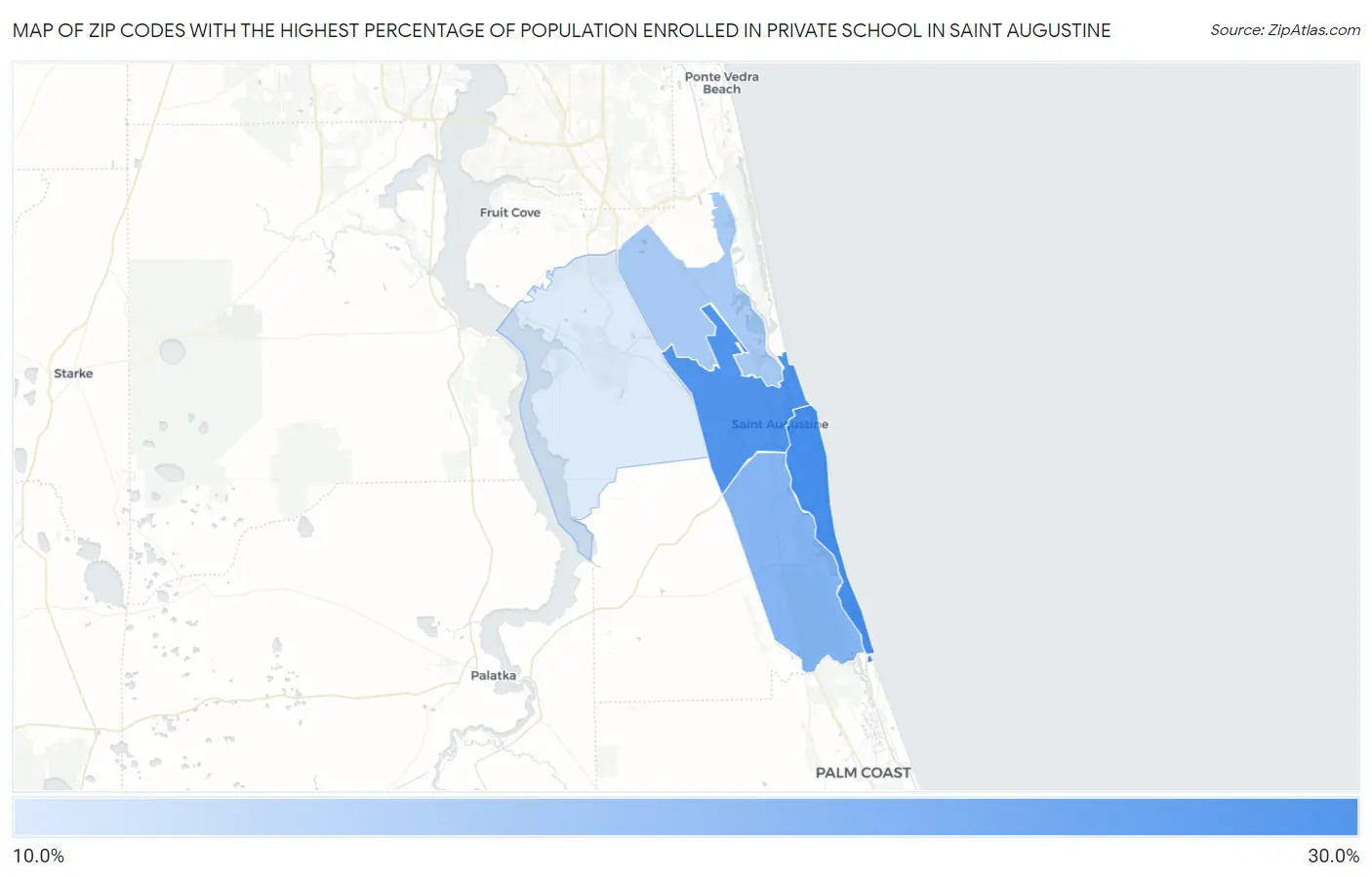 Zip Codes with the Highest Percentage of Population Enrolled in Private School in Saint Augustine Map