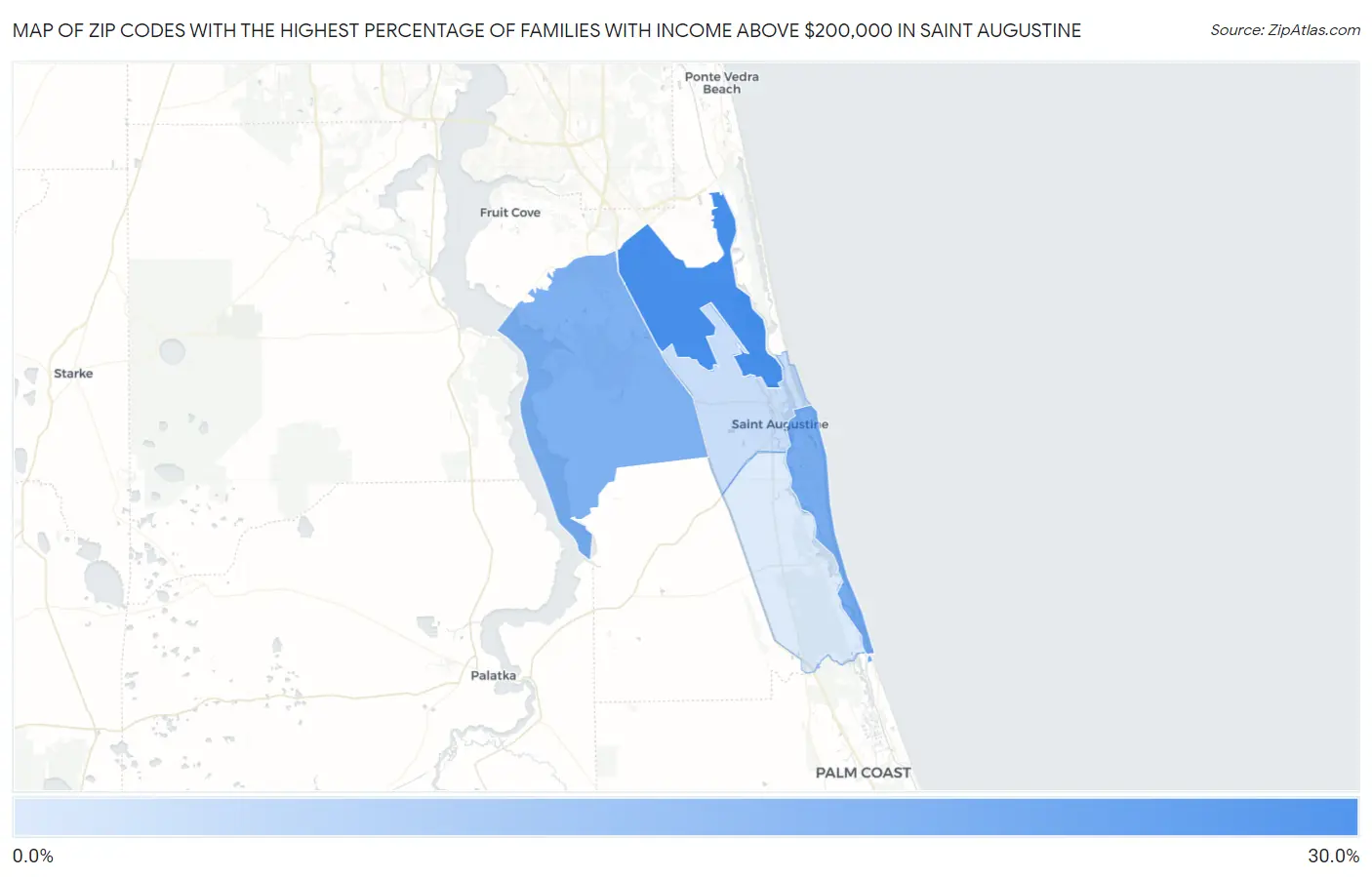 Zip Codes with the Highest Percentage of Families with Income Above $200,000 in Saint Augustine Map