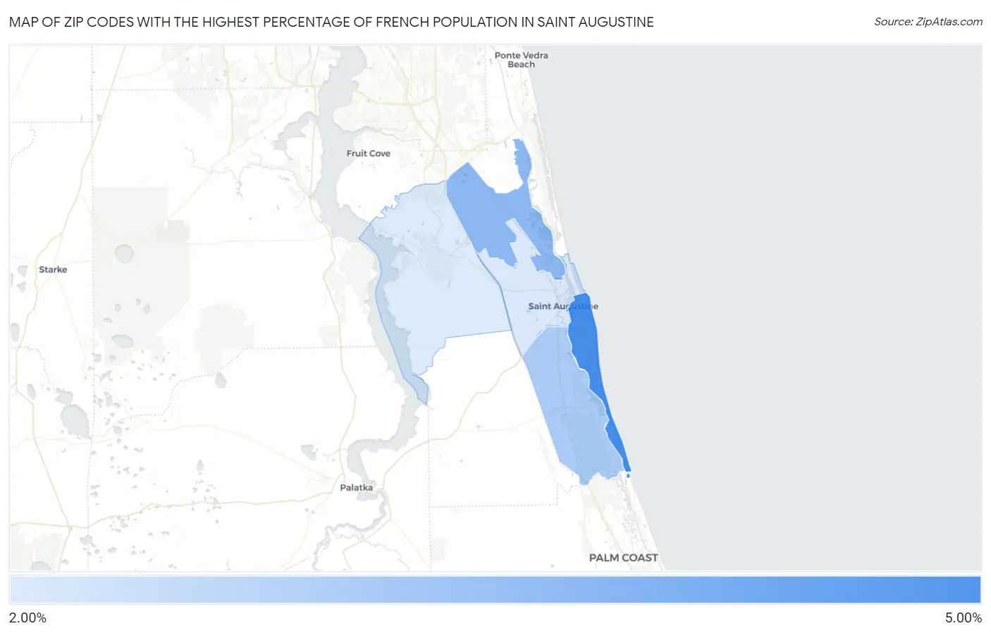 Zip Codes with the Highest Percentage of French Population in Saint Augustine Map