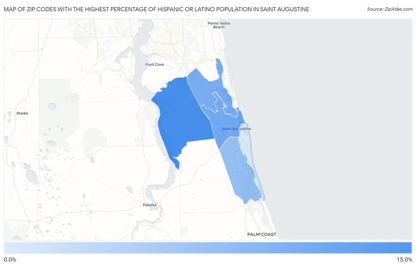Zip Codes with the Highest Percentage of Hispanic or Latino Population in Saint Augustine Map