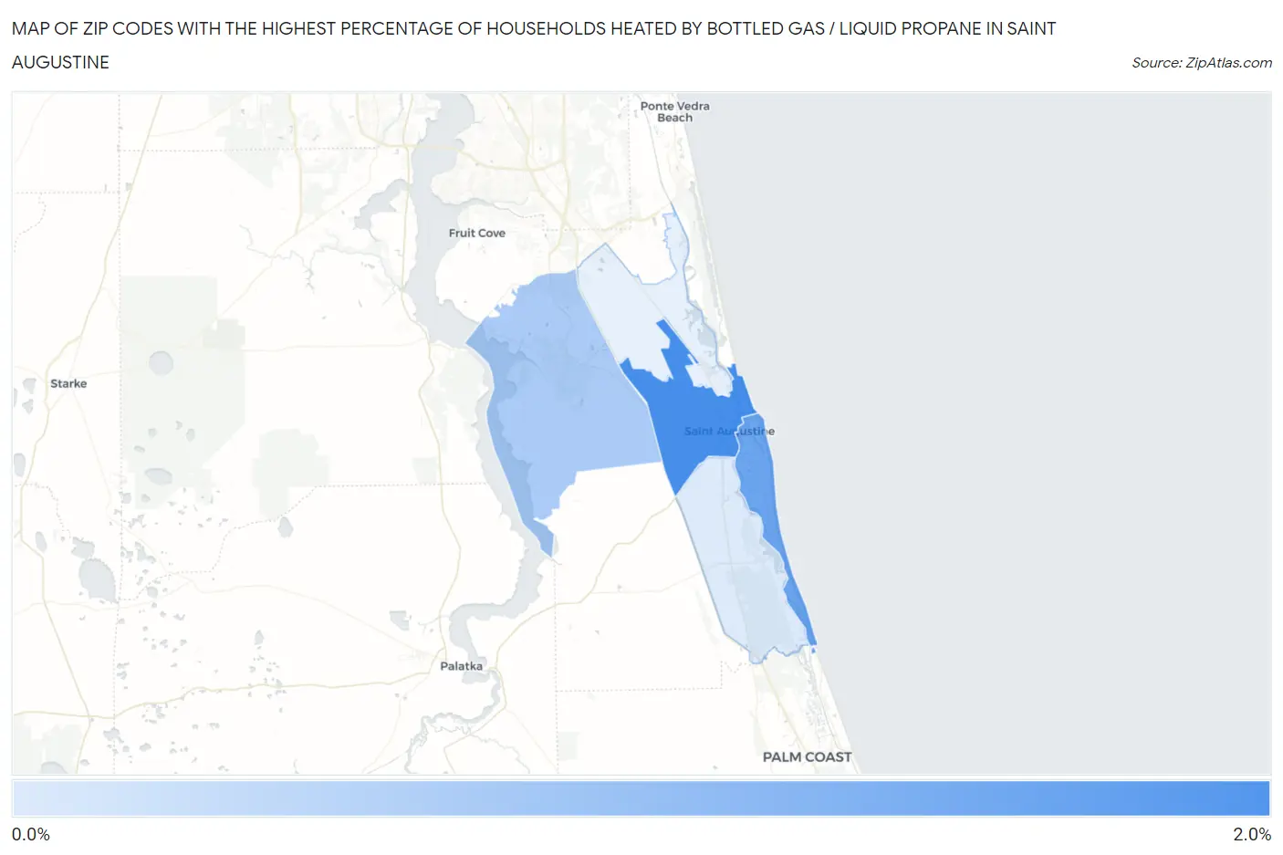 Zip Codes with the Highest Percentage of Households Heated by Bottled Gas / Liquid Propane in Saint Augustine Map