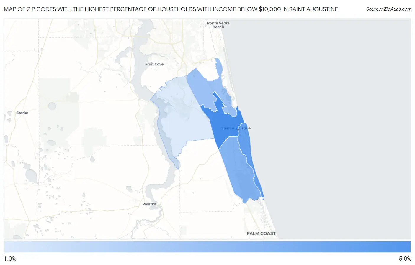 Zip Codes with the Highest Percentage of Households with Income Below $10,000 in Saint Augustine Map