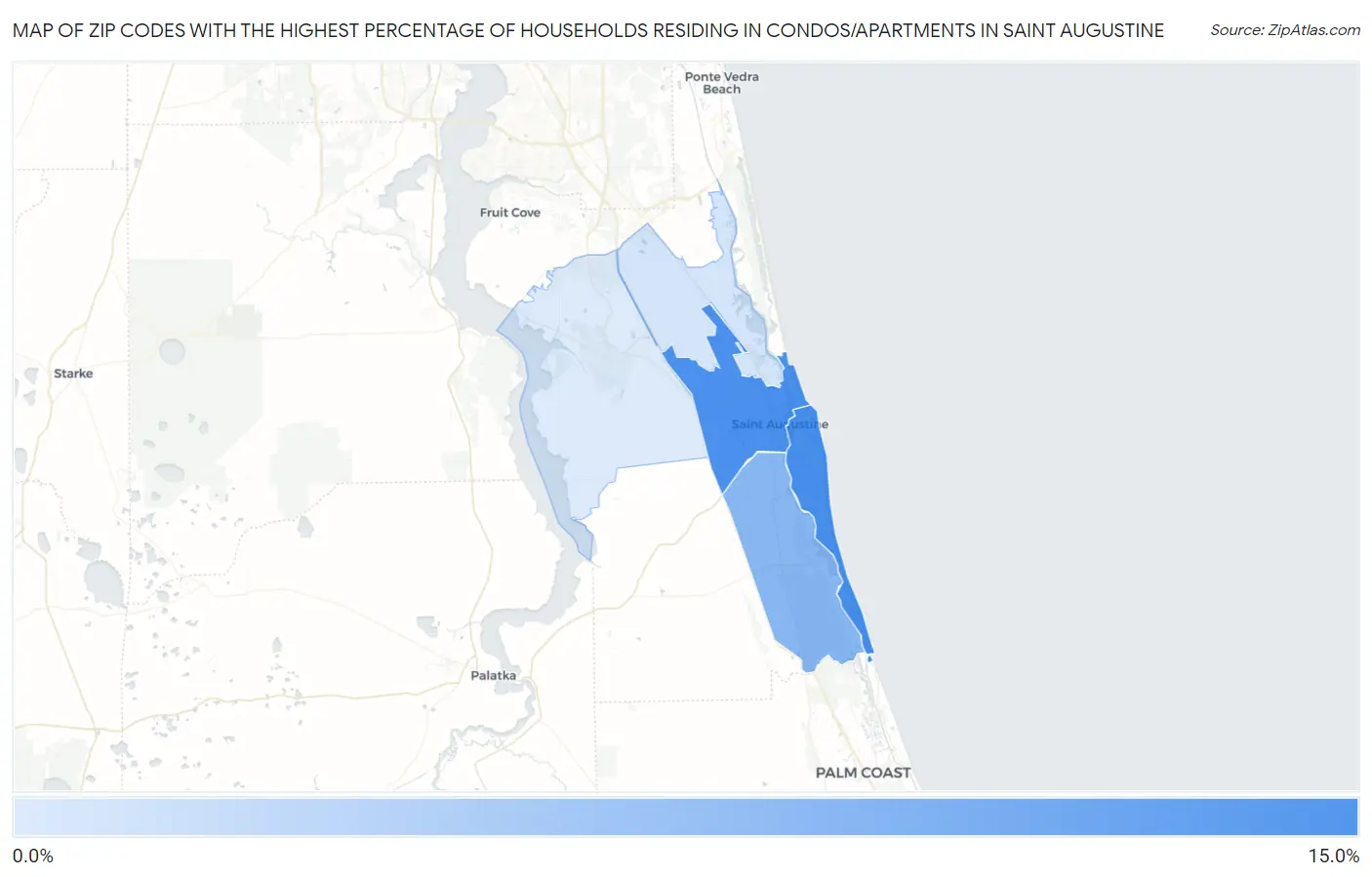 Zip Codes with the Highest Percentage of Households Residing in Condos/Apartments in Saint Augustine Map