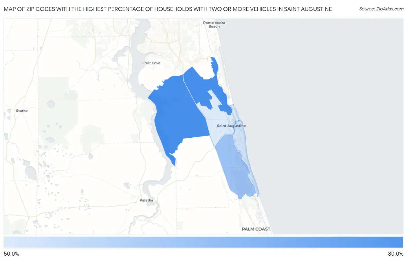 Zip Codes with the Highest Percentage of Households With Two or more Vehicles in Saint Augustine Map