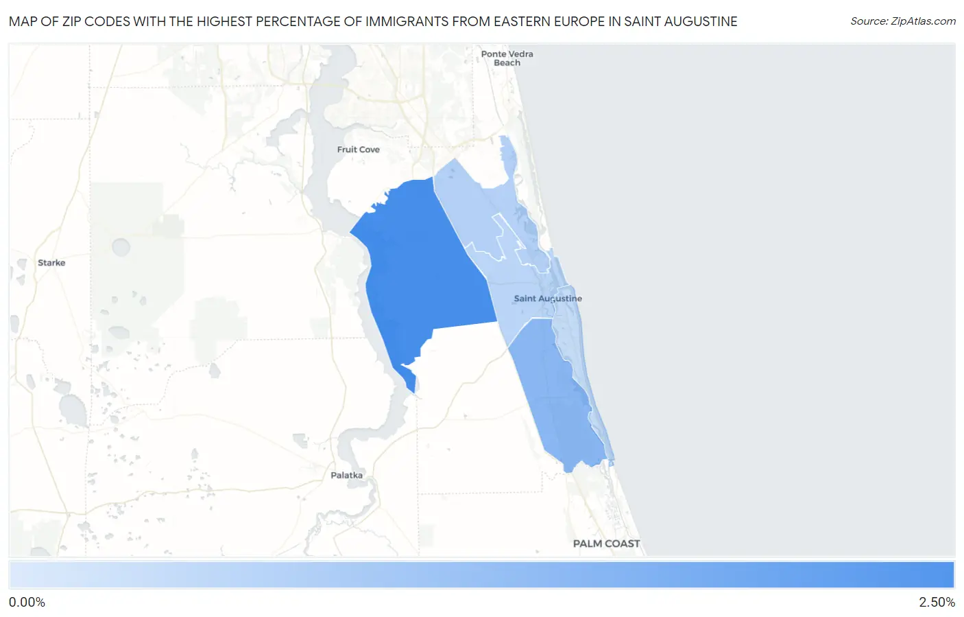 Zip Codes with the Highest Percentage of Immigrants from Eastern Europe in Saint Augustine Map